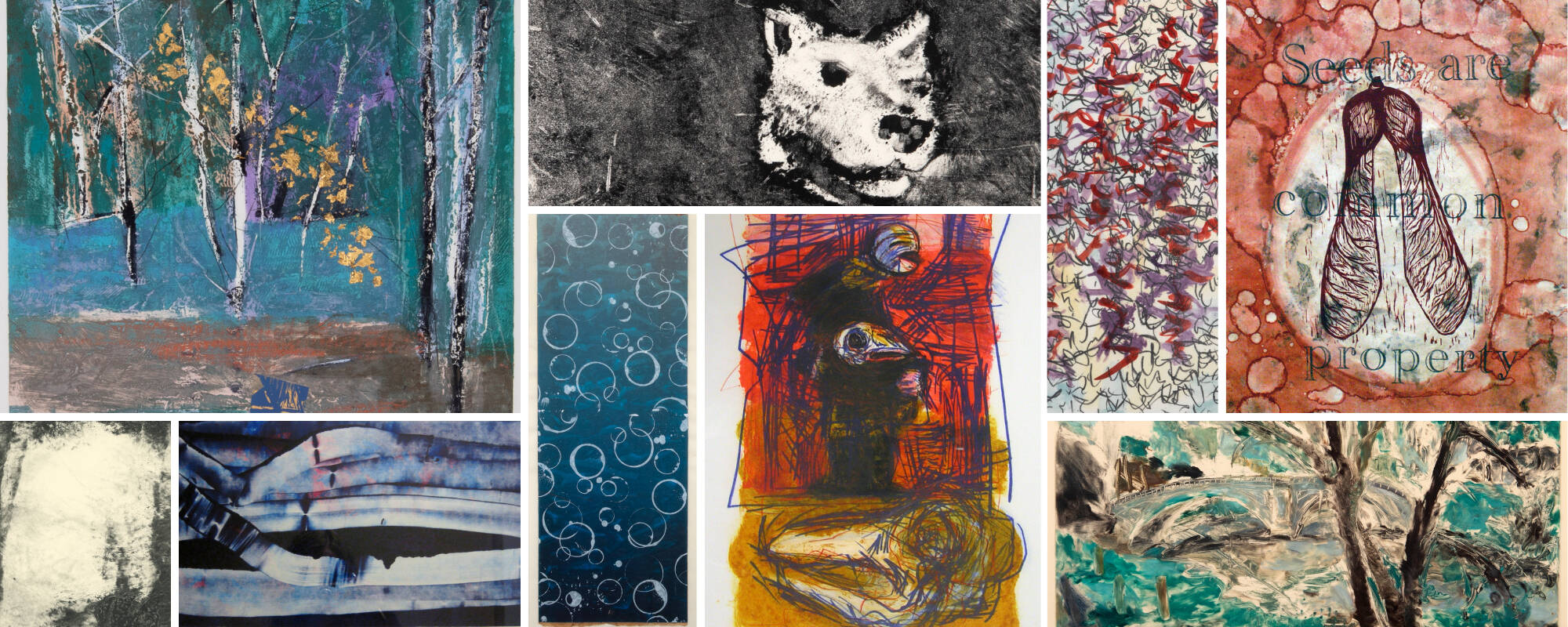 Collage of nine different images from the GVSU Art Museum Collection that showcase monotypes.